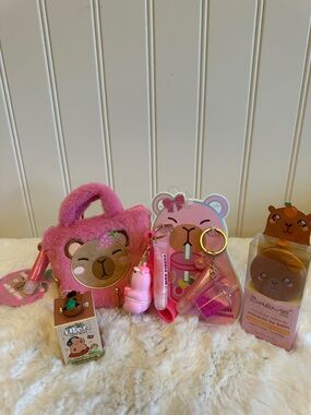 Cute Capybara Pink bag and Keychain Set & Accessories with Crème Shop Lip Balm